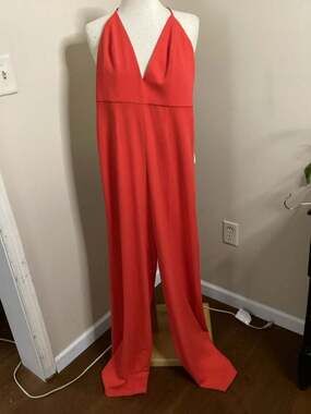 Jay Godfrey Red Plunge V-Neck Strappy Back Wide Leg Jumpsuit Size 2